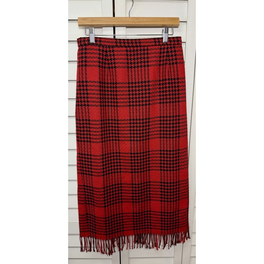 Requirements Vintage Plaid Wool Blend Fringe Midi Pencil Skirt Women's Size 12P - Picture 3 of 13